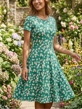 HUHOT Green Daisy Print Fit & Flare Dress – Size Large